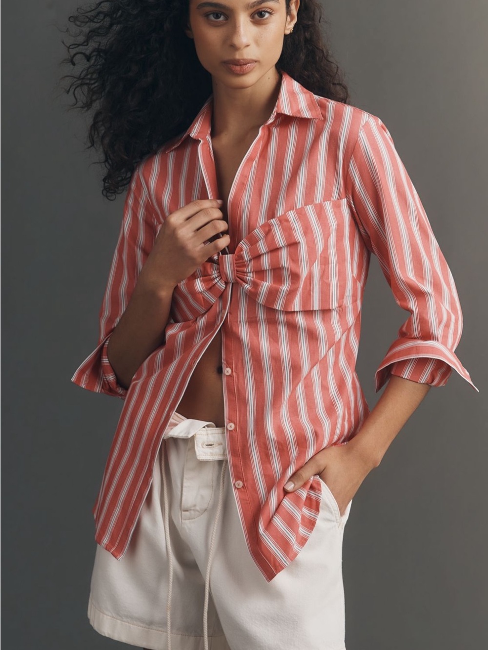 Maeve Bow Long-Sleeve Buttondown Top